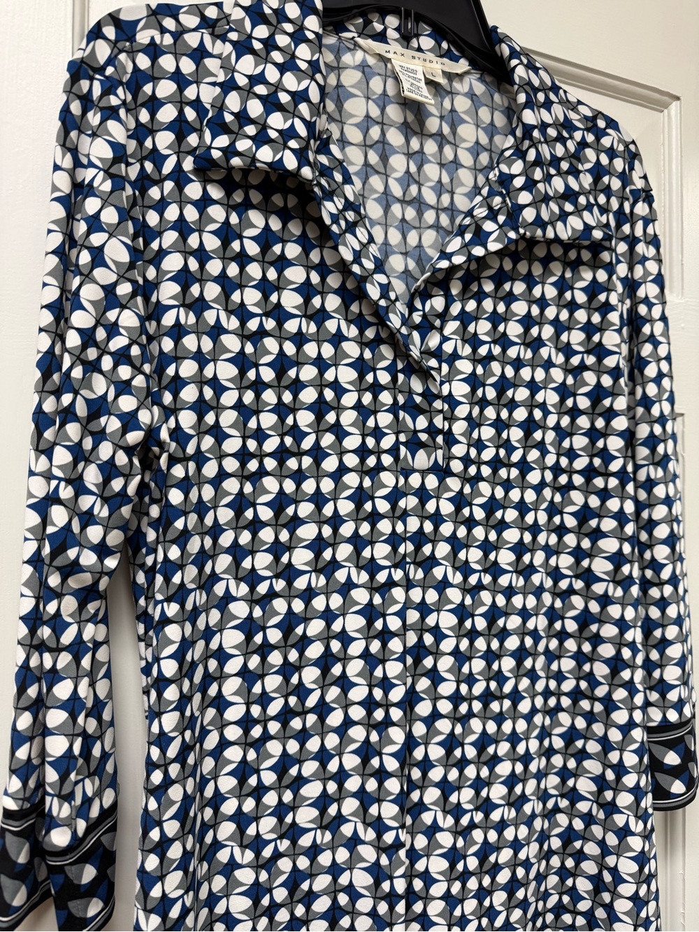 Max Studio Navy and White Geometric Midi Shirt Dress
